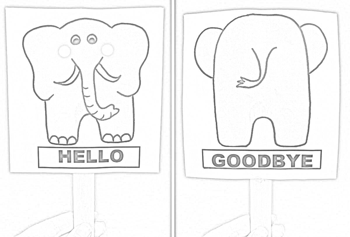 Раскраска Слон, вид спереди с надписью HELLO и вид сзади с надписью GOODBYE, на держателе