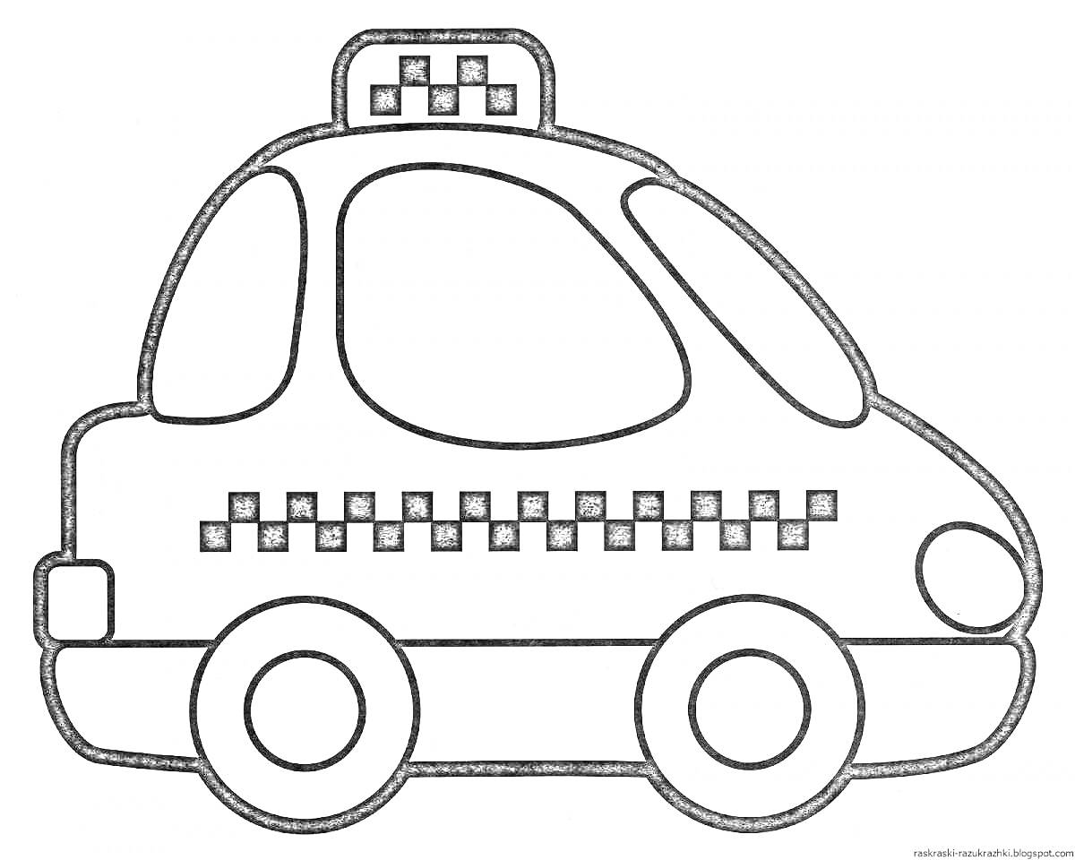 На раскраске изображено: Такси, Для детей, Шашечки, Окна, Колёса