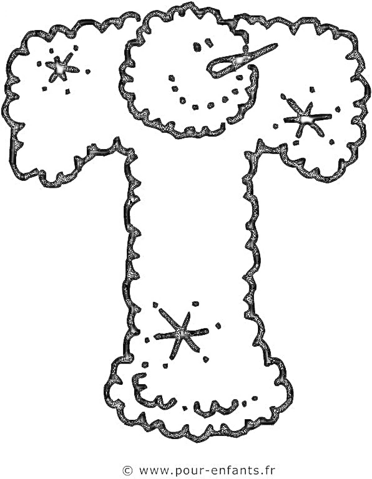 Раскраска Новорічна буква Т з сніжинками та блискітками