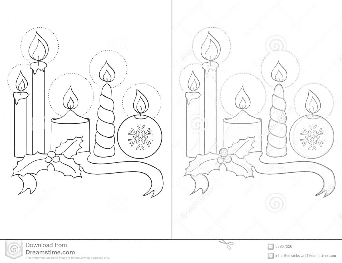 Раскраска Рождественская композиция со свечами, шарами и омелой