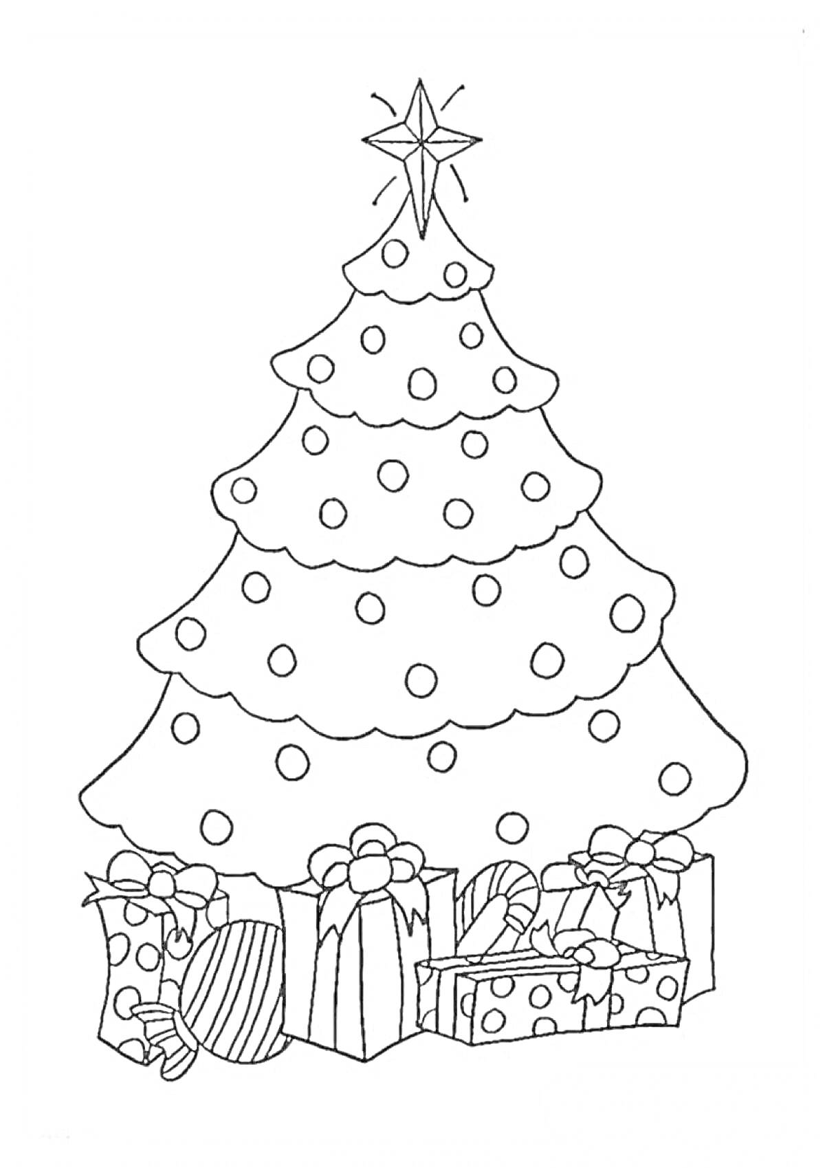 Раскраска Рождественская елка со звездой на верхушке, шарами и подарками