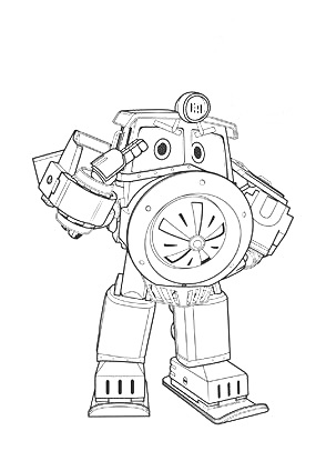 Раскраска Робот поезд с круглыми глазами и фарами, большими руками и прямоугольными ногами