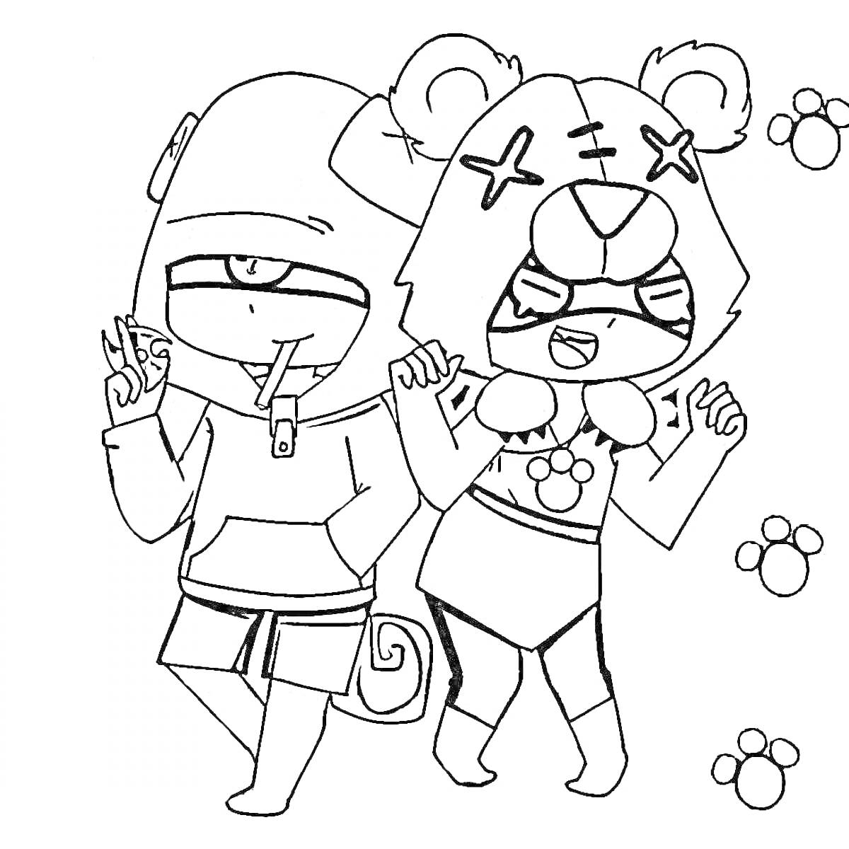 Раскраска Два персонажа в костюмах, один с хвостом и шапкой с одним глазом, другой в костюме медведя с ушами и крестами на глазах, следы лап на фоне