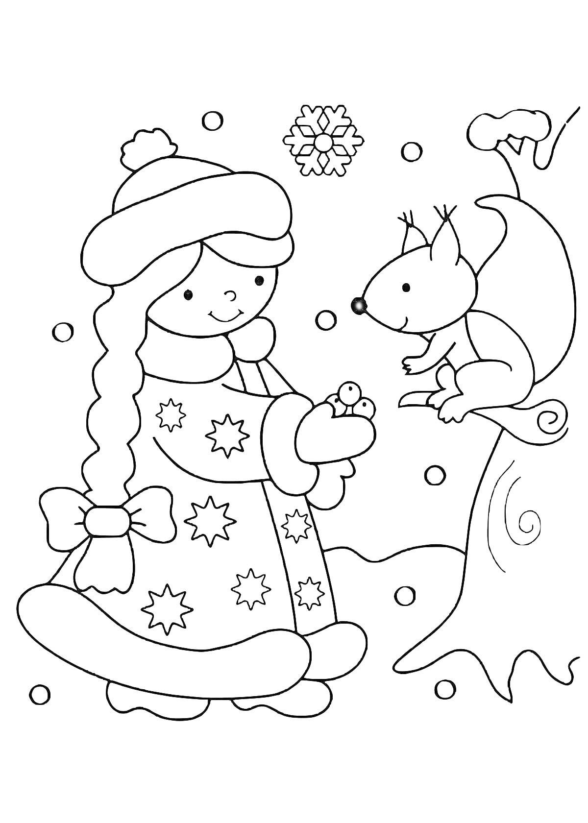 Раскраска Девочка Снегурочка, белочка, дерево, снежинка, снежки