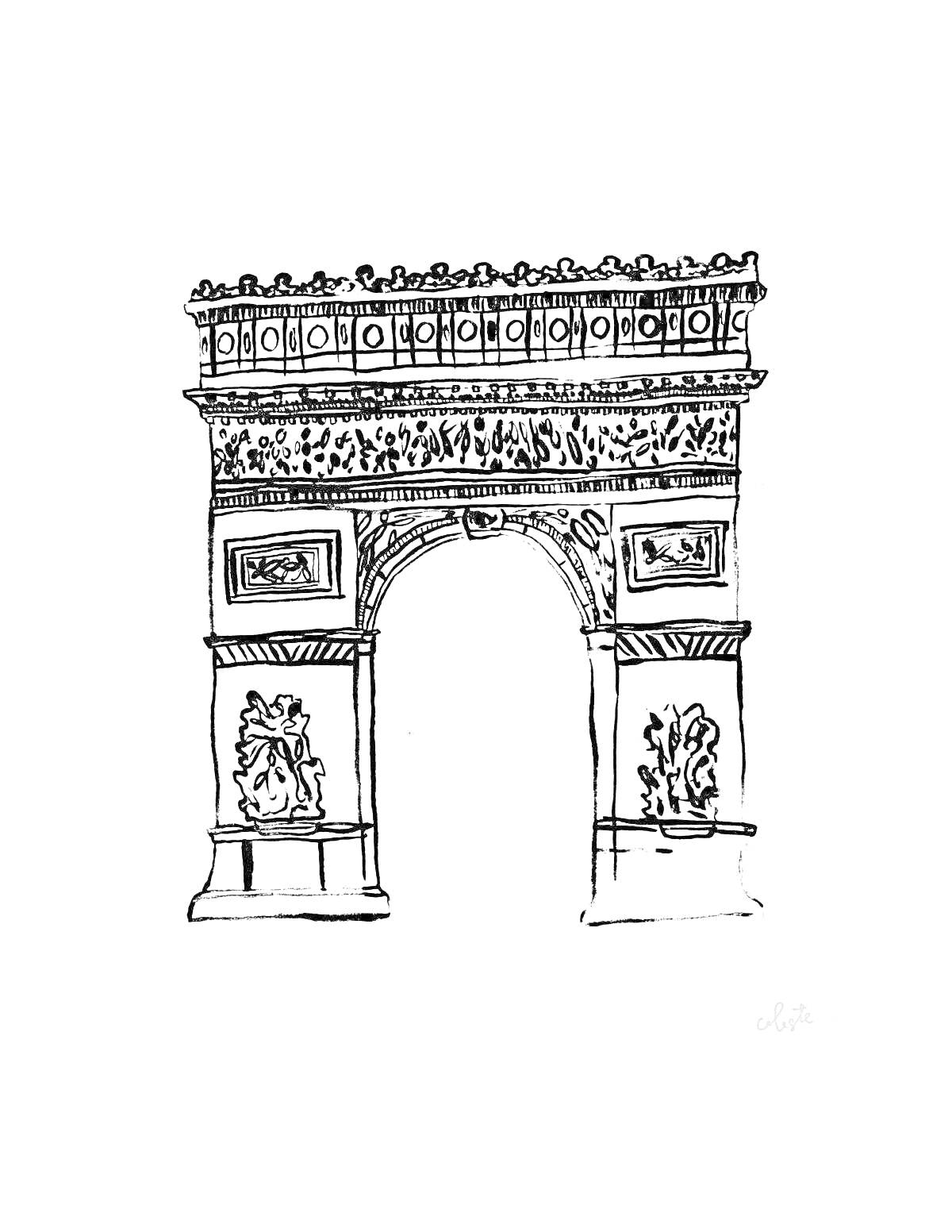 РаскраскаТриумфальная арка с декоративными барельефами и орнаментом