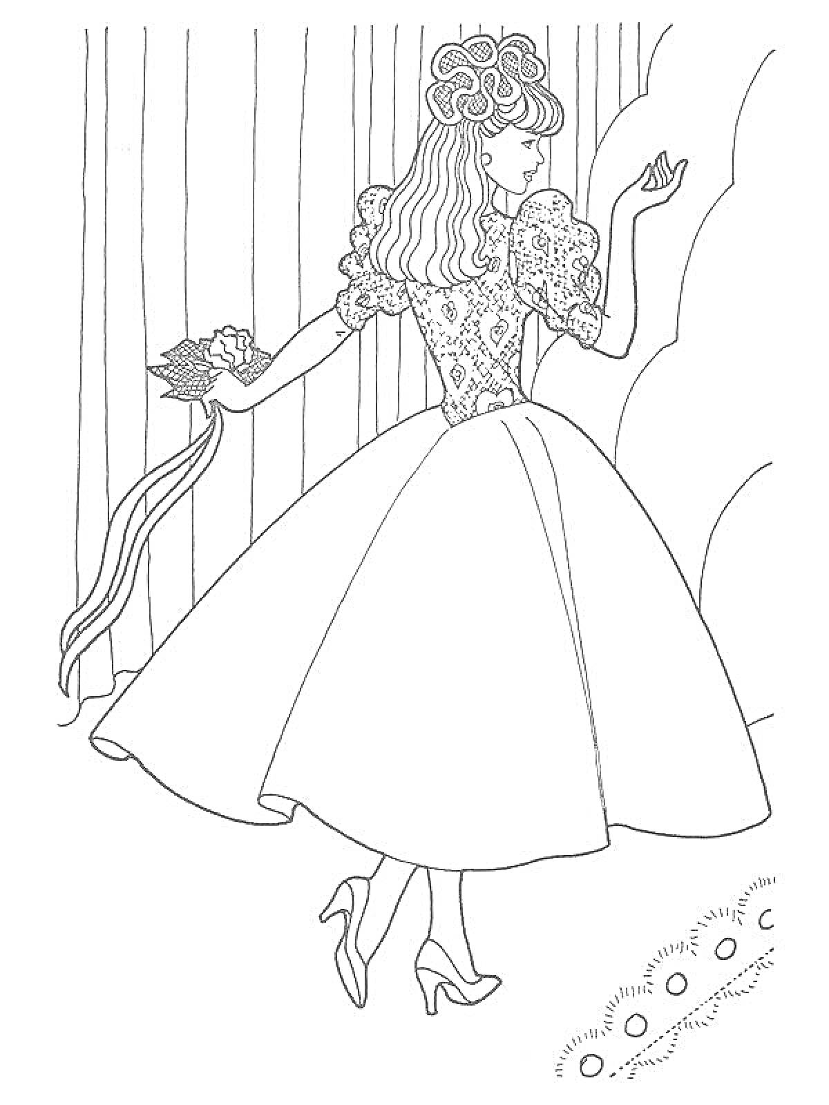 На раскраске изображено: Принцесса, Платье, Цветы, Шторы, Облака, Туфли, Заколка, Волосы, Контурные рисунки
