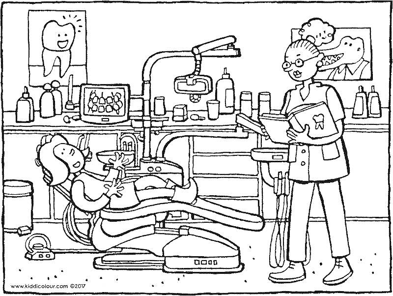 На раскраске изображено: Стоматолог, Пациент, Кресло, Кабинет, Зубы