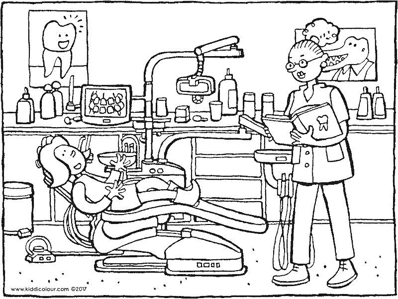 Раскраска Стоматологический кабинет: пациент в кресле, зубной врач, стоматологическое оборудование, настенные постеры с зубами, шкаф с предметами