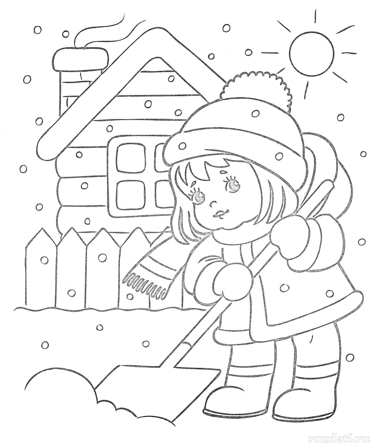 Девочка убирает снег у домика зимой