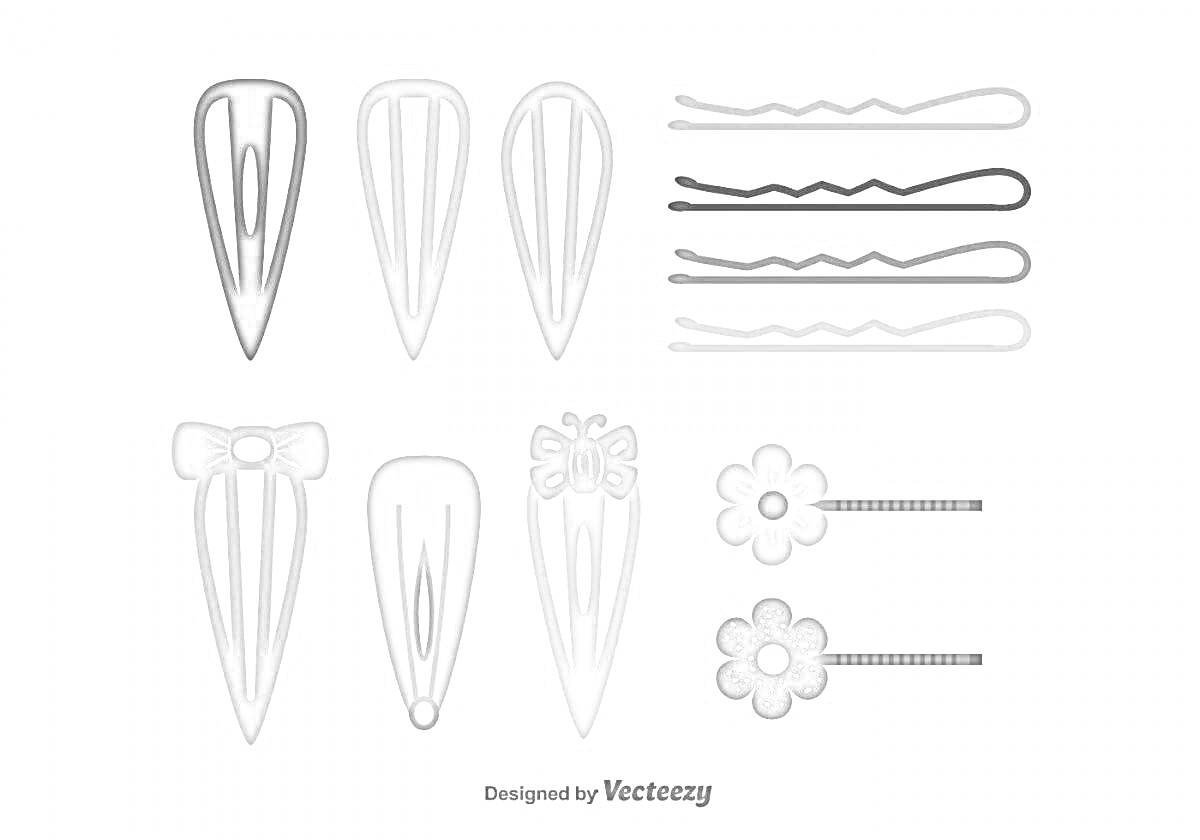 Различные заколки: заколки-невидимки, заколки с цветком, заколки с бантом, заколка-щипцы