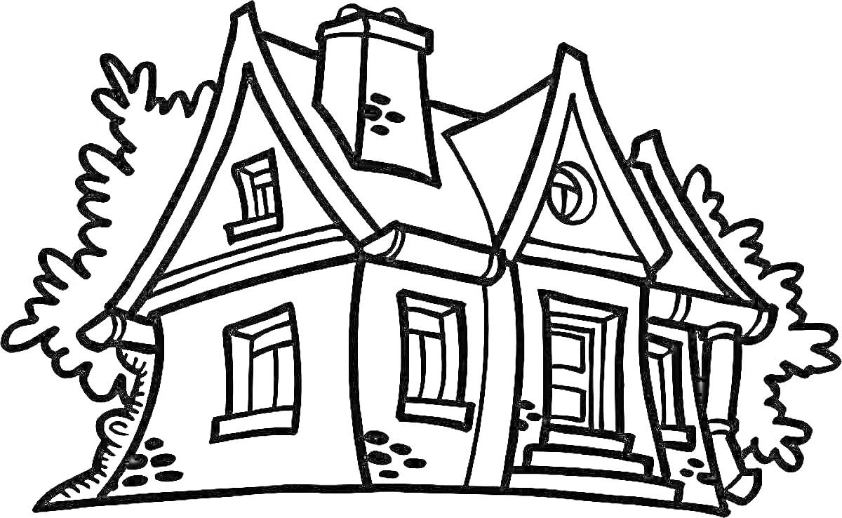 На раскраске изображено: Дом, Крыша, Окна, Дверь, Дымоход, Крыльцо, Кусты, Архитектура
