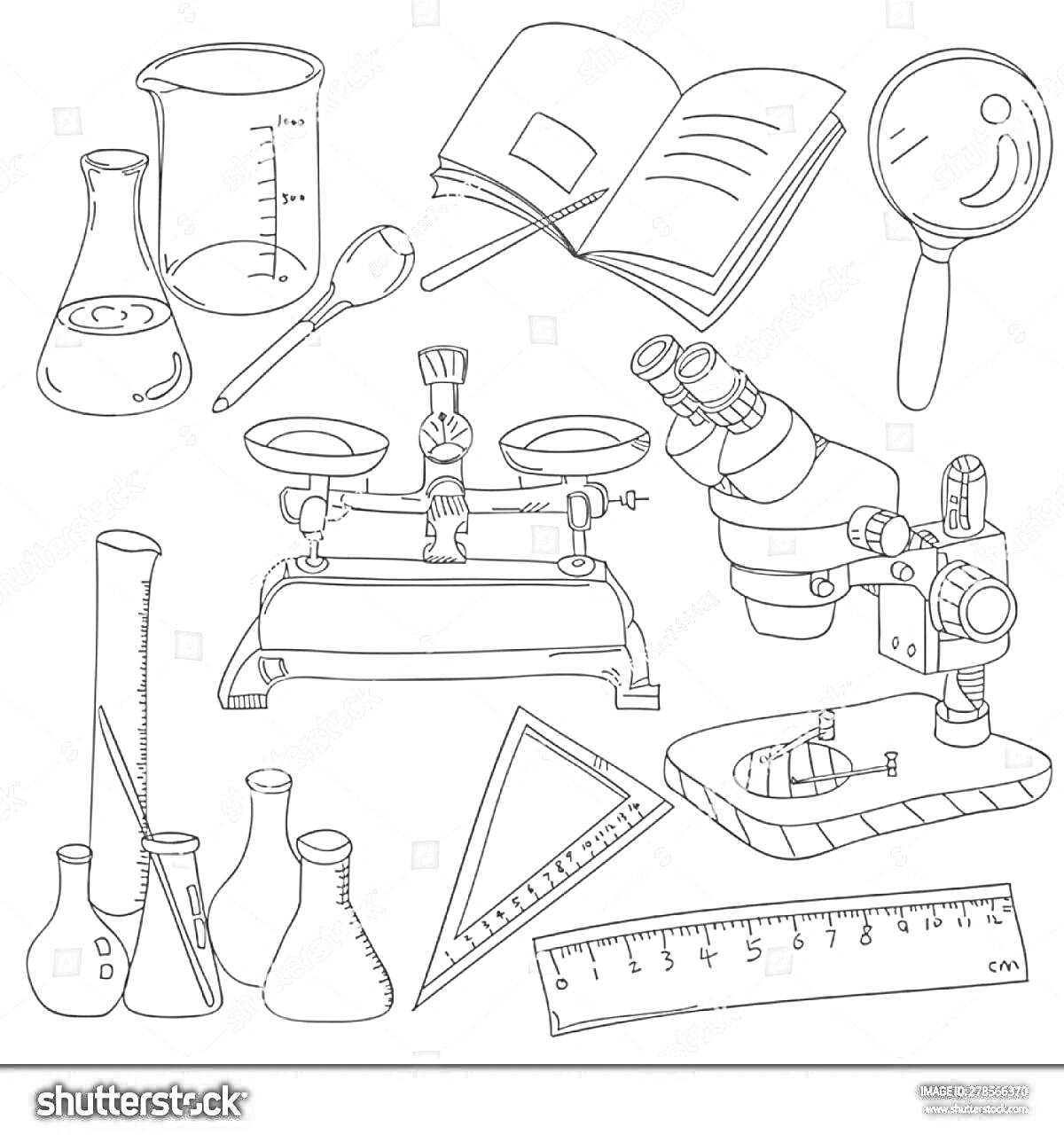 Раскраска Лаборатория. Стакан, колба, мензурка, ложка, книга, лупа, весы, микроскоп, пробирки, треугольник, транспортир, линейка.
