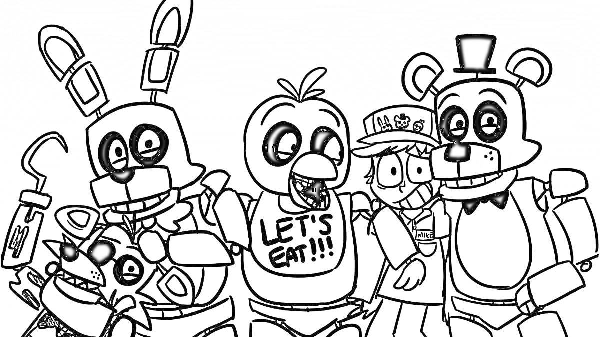 Раскраска аниматроники с крюком, клювом, шляпой, и ребёнком с кепкой