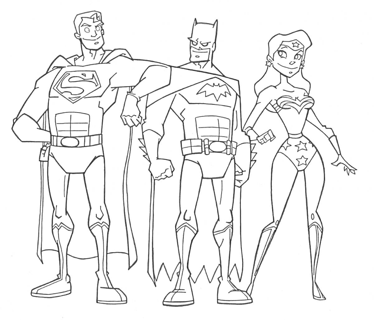 На раскраске изображено: Лига Справедливости, Супермен, Бэтмен, Чудо-женщина, Супергерои, Комиксы, Для детей, DC Comics