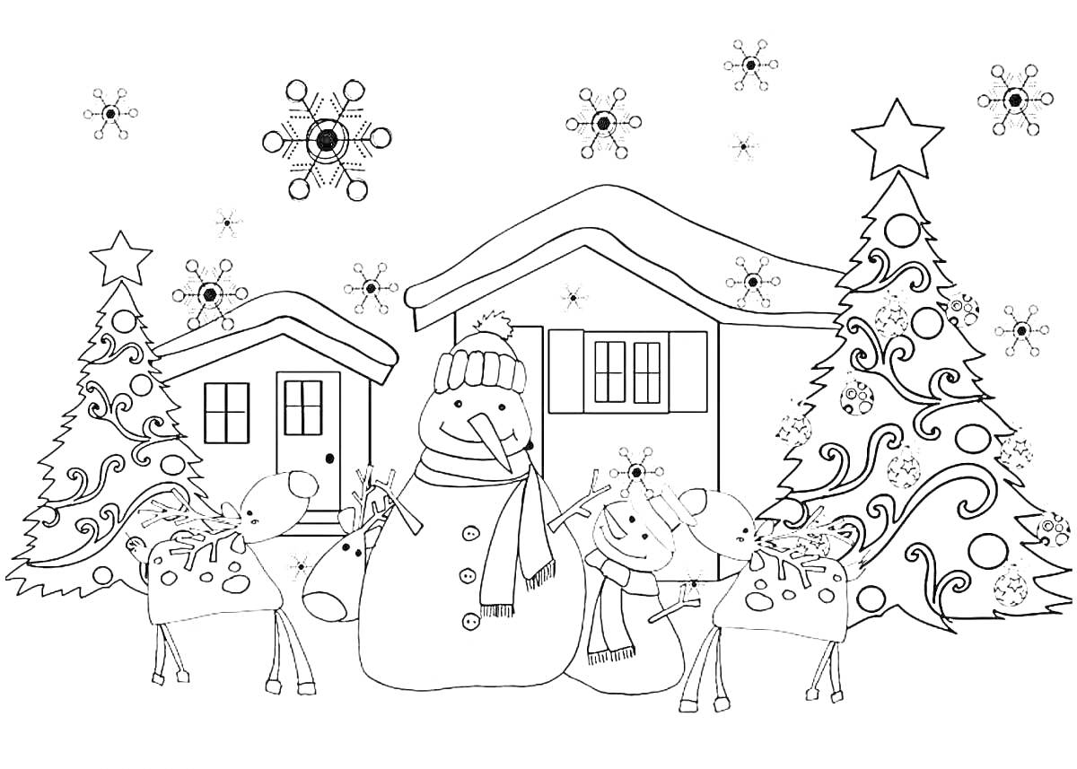 На раскраске изображено: Зима, Открытка, Снег, Снежинки, Новогодняя елка, Природа, Зимний лес