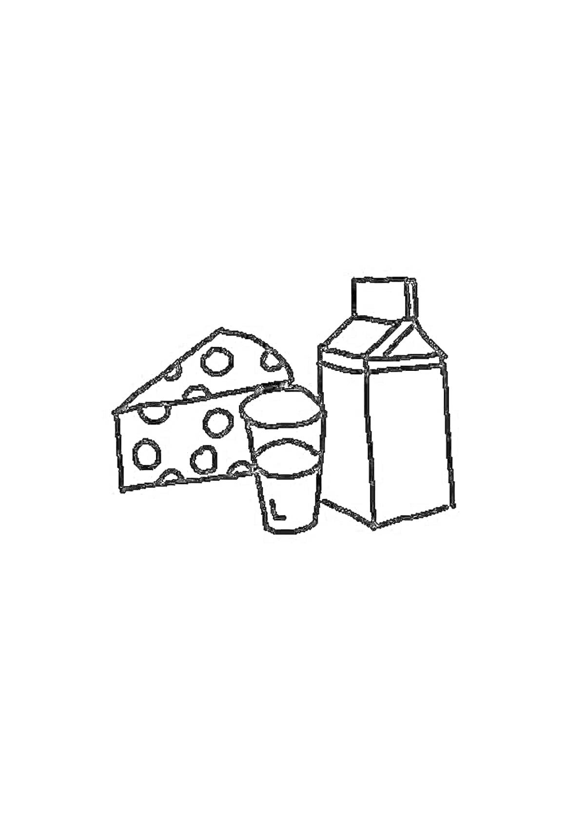 На раскраске изображено: Молочные продукты, Сыр, Молоко, Стакан, Пакет