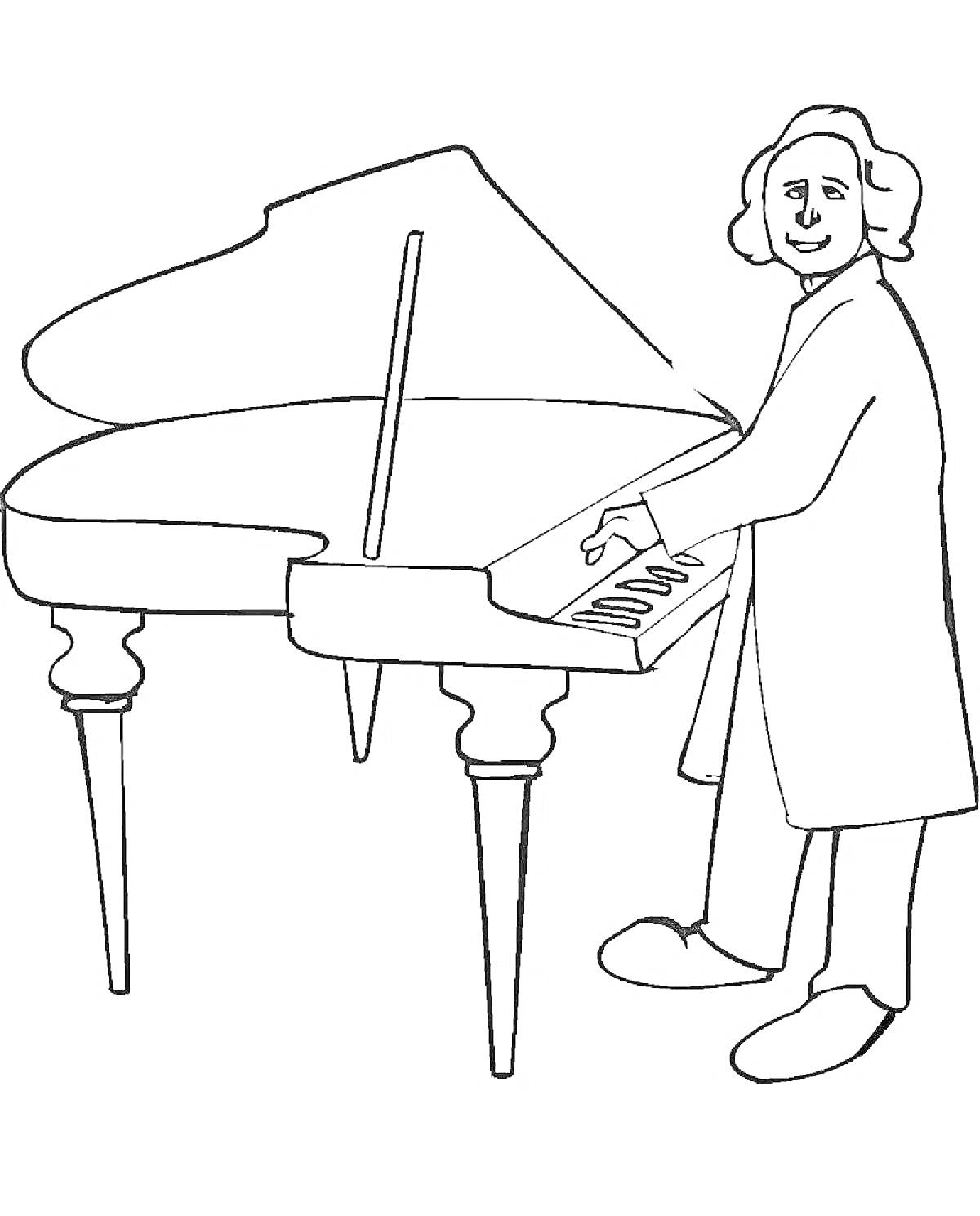 На раскраске изображено: Композитор, Рояль, Мужчина, Музыка, Клавиши, Пианино, Музыкальные инструменты