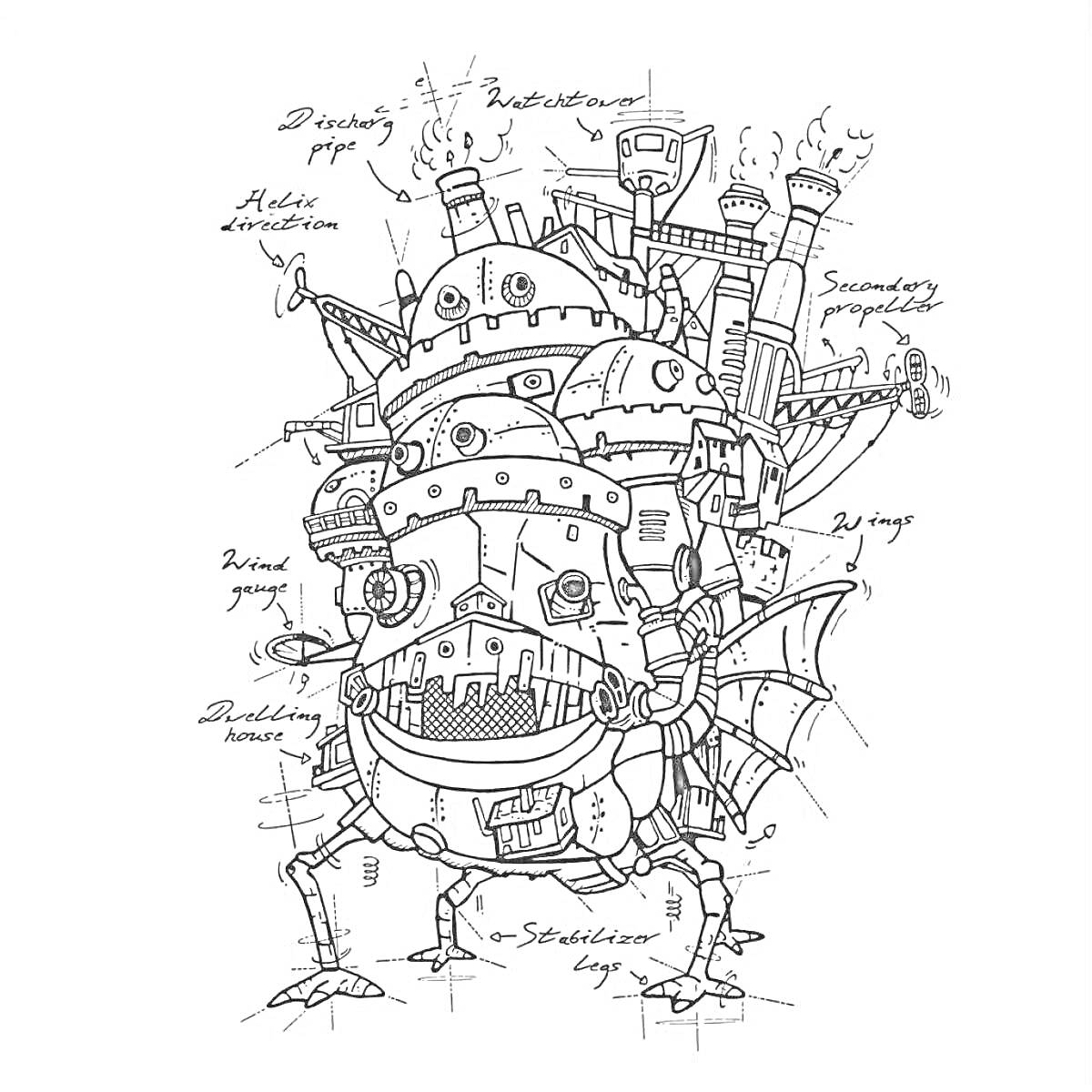 Раскраска Ходячий замок с деталями: крыши, окна, трубы с дымом, механические ноги, башенки, металлодетали, передвижные механизмы, лестницы