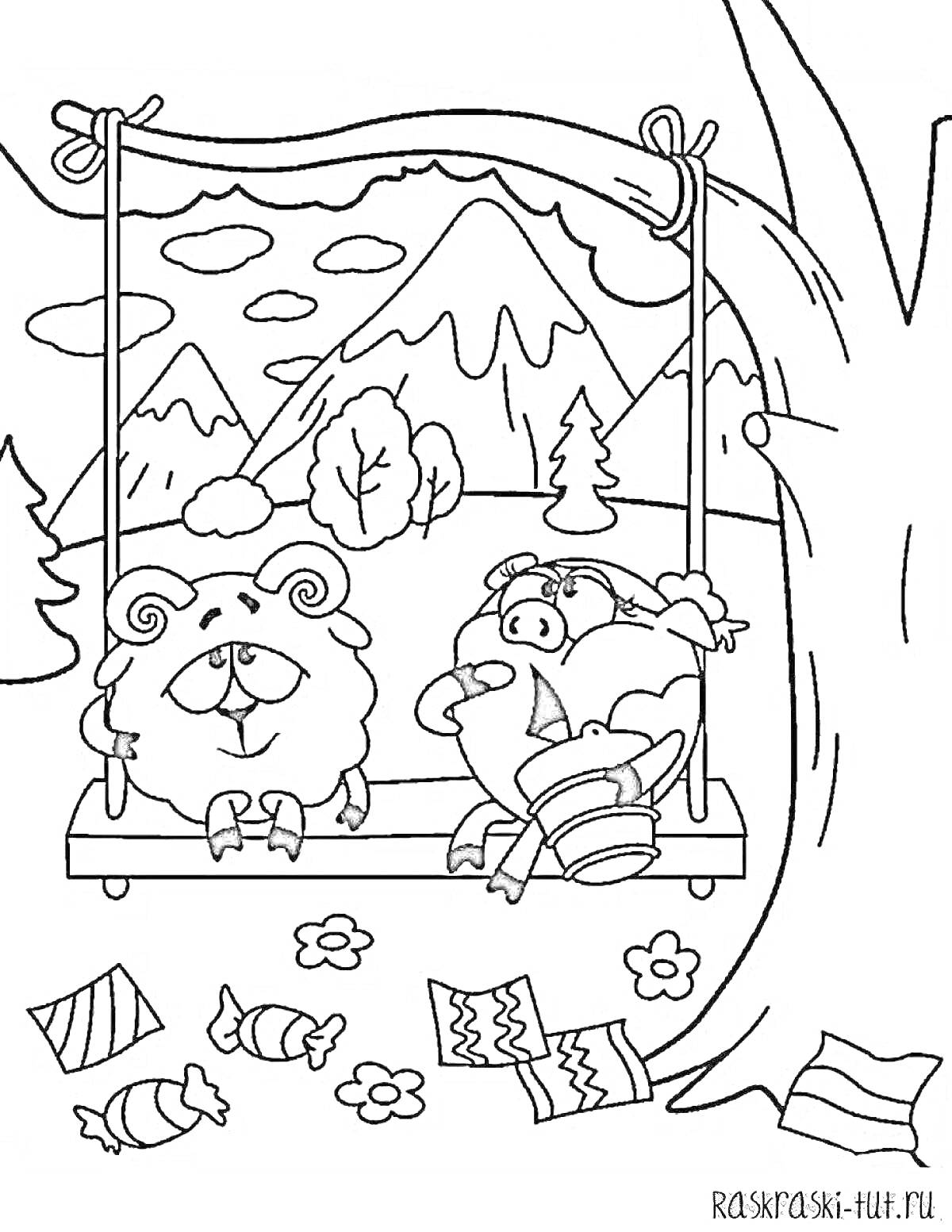 РаскраскаБараш и Нюша на качелях на фоне гор, дерева и конфетами