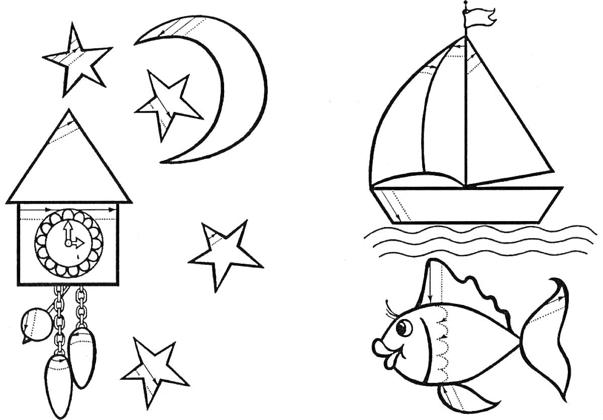 На раскраске изображено: Звезды, Полумесяц, Волны, Рыба, Штриховка, Парусники