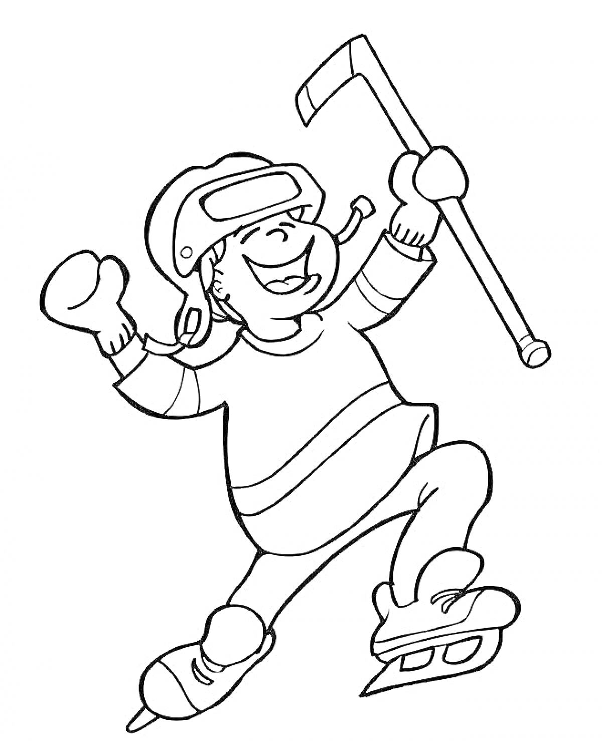 На раскраске изображено: Хоккеист, Защита, Клюшка, Коньки, Спортивная форма, Хоккей, Радость, Для детей, Шлемы