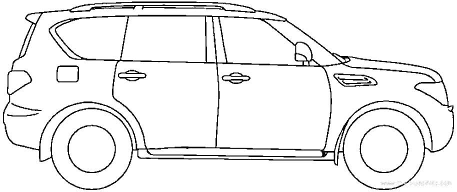 Раскраска Контур автомобиля Infiniti QX80, включающий корпус, окна, двери, kolёса и боковые зеркала