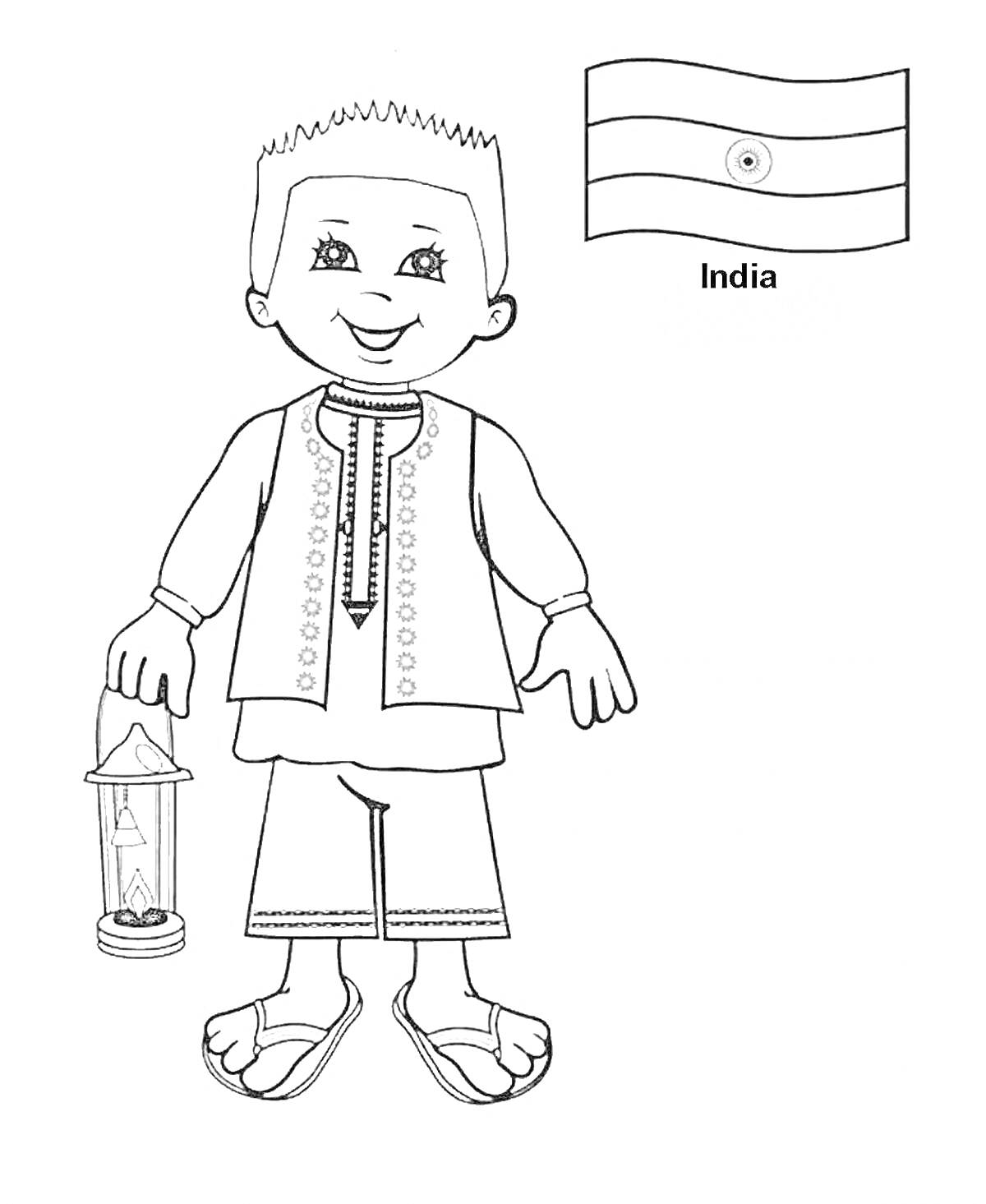 На раскраске изображено: Мальчик, Традиционная одежда, Индия, Флаг
