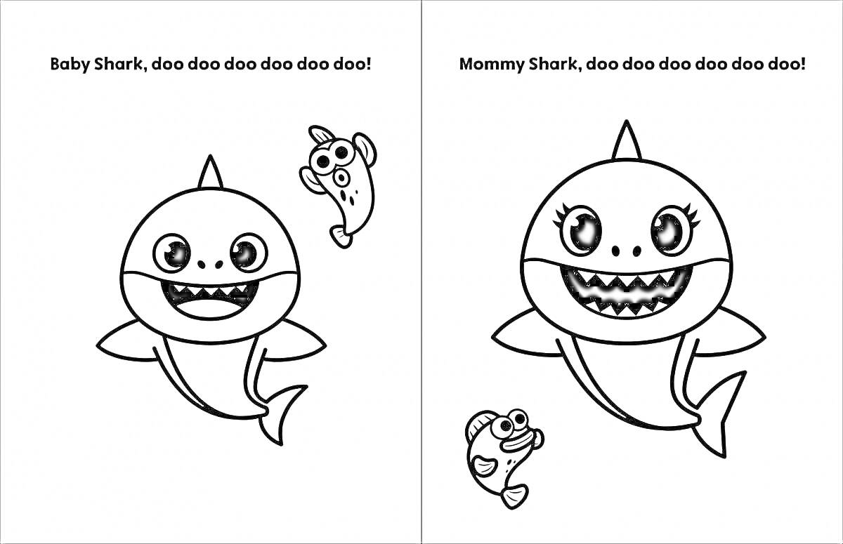 Раскраска Baby Shark и Mommy Shark с рыбкой