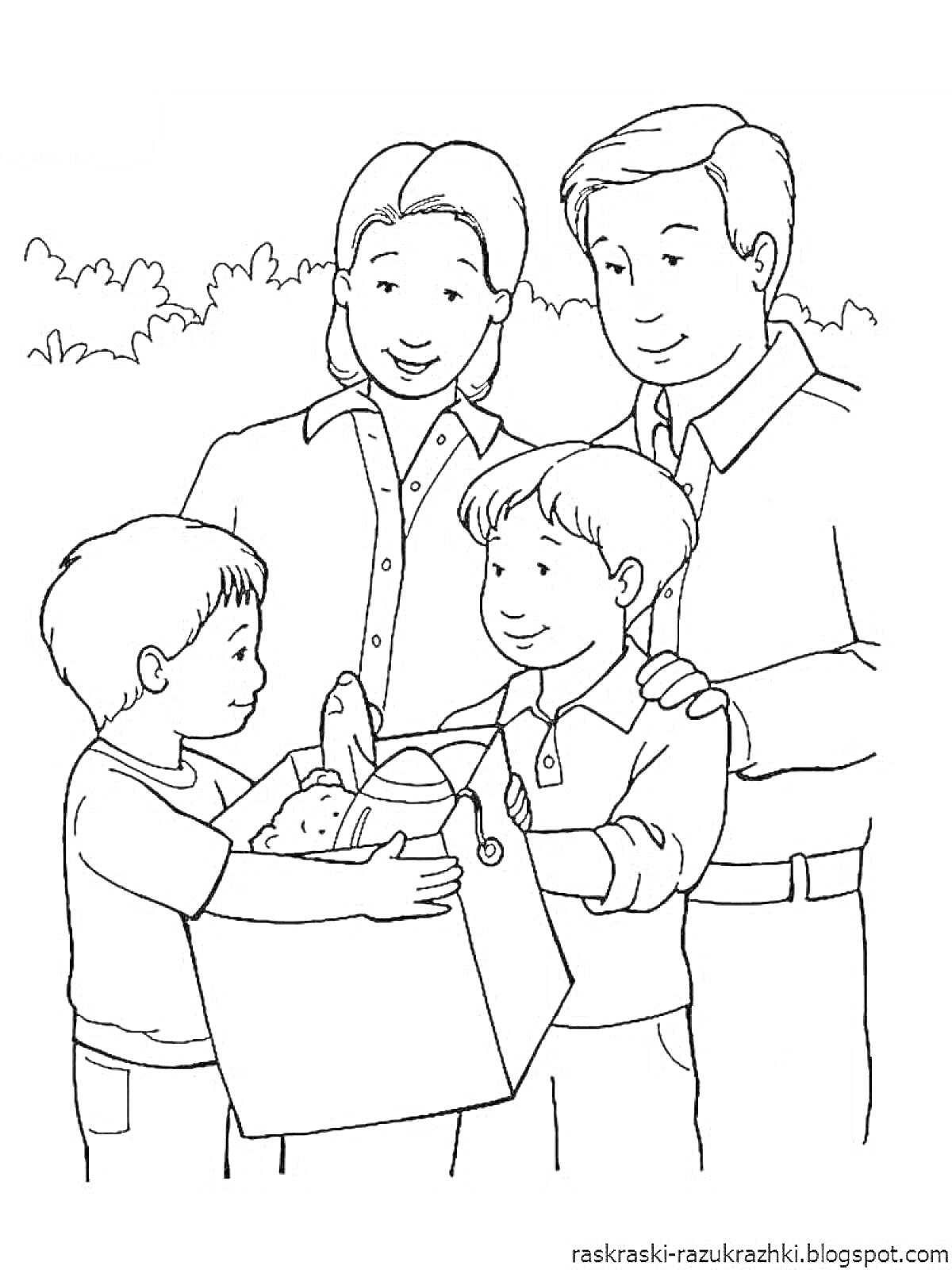 На раскраске изображено: Семья, Родители, Продукты, Коробка, Деревья
