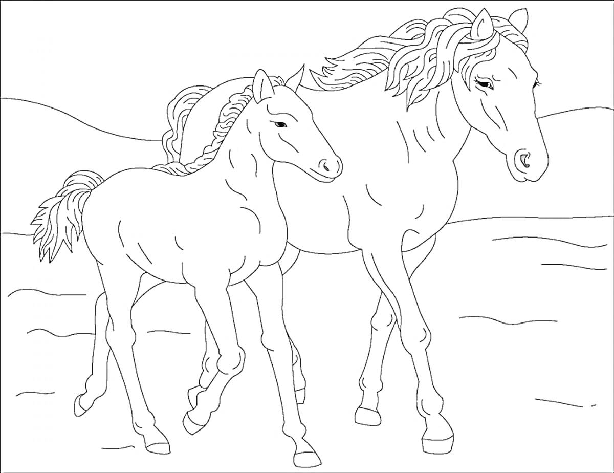 На раскраске изображено: Лошадь, Жеребёнок, Пейзаж, Природа, Контурные рисунки, Дороги