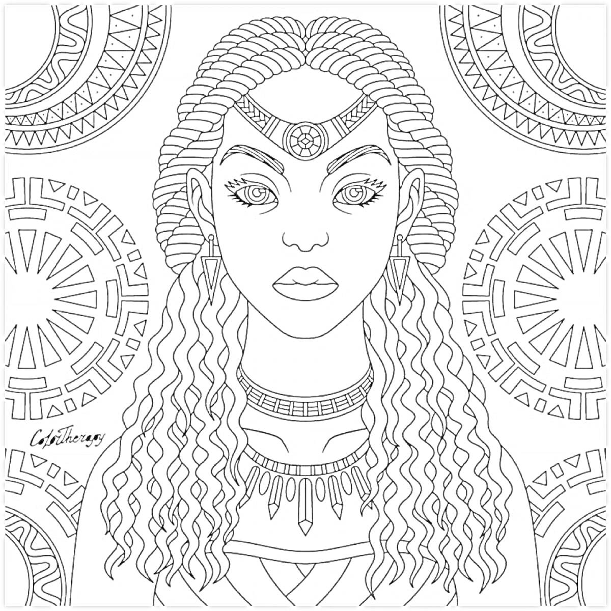 Раскраска Индианка с длинными волнистыми волосами в головном уборе, украшенном камнем, с ожерельем из перьев на шее на фоне геометрических узоров