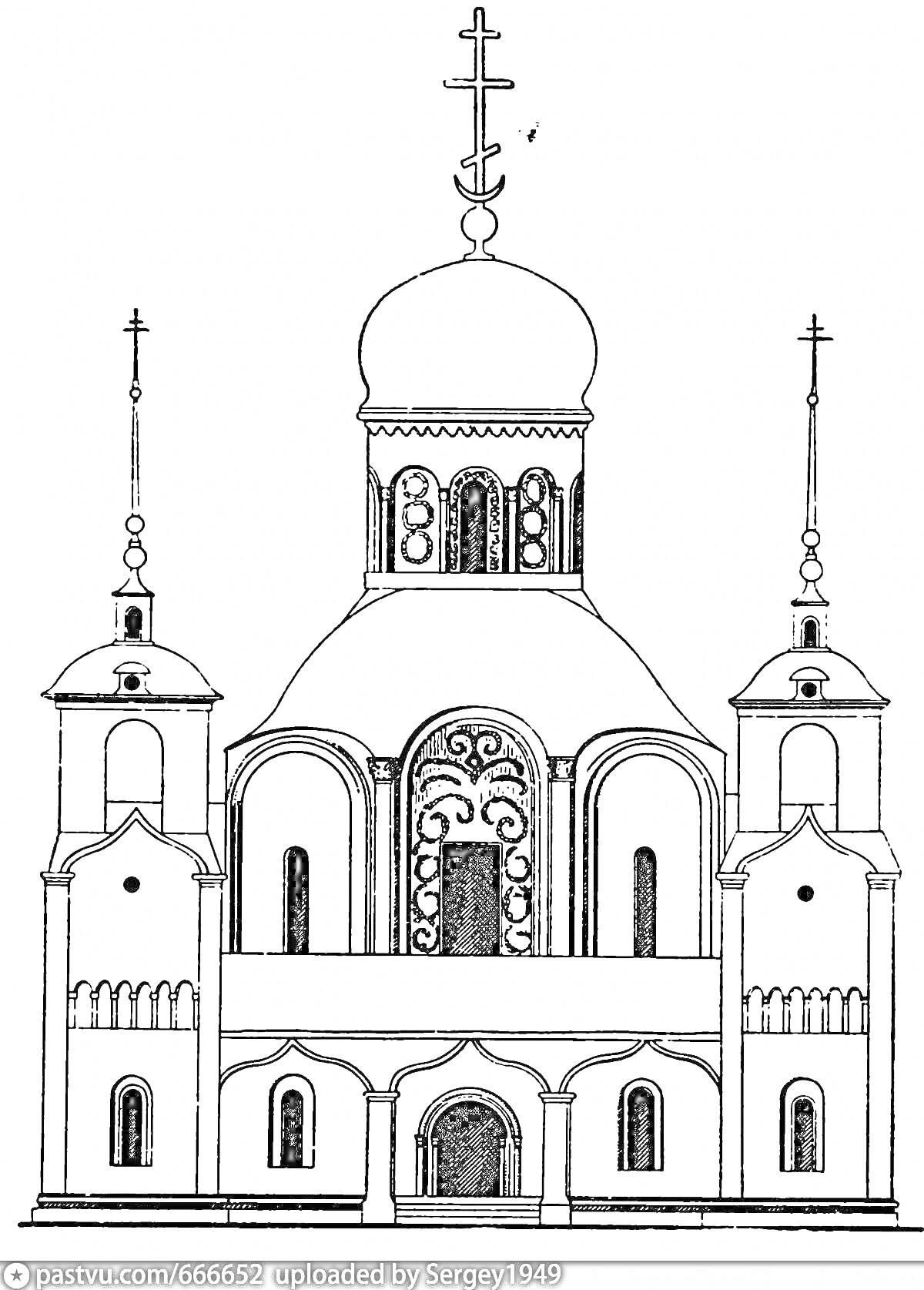 Раскраска Рисунок храма с куполом, крестом и двумя башнями