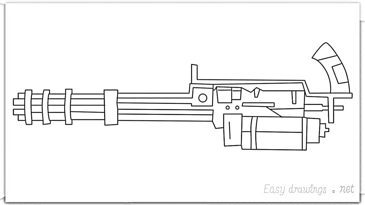 Раскраска Миниган с пятью стволами, горизонтальное расположение, вид сбоку, детали корпуса