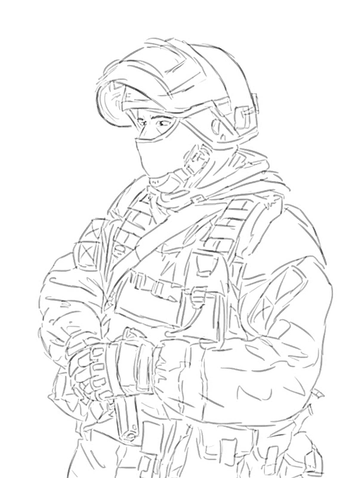 Раскраска Солдат в экипировке с тактическим снаряжением и каской