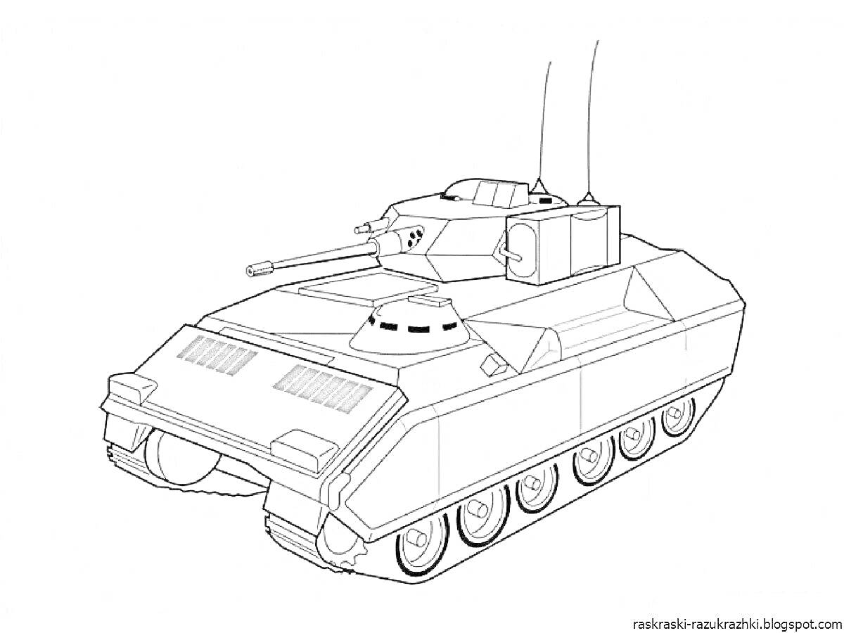 На раскраске изображено: Танк, Бронированная техника, Военная машина, Пушка, Антенны, Военная техника, Боевые машины, Бронетехника