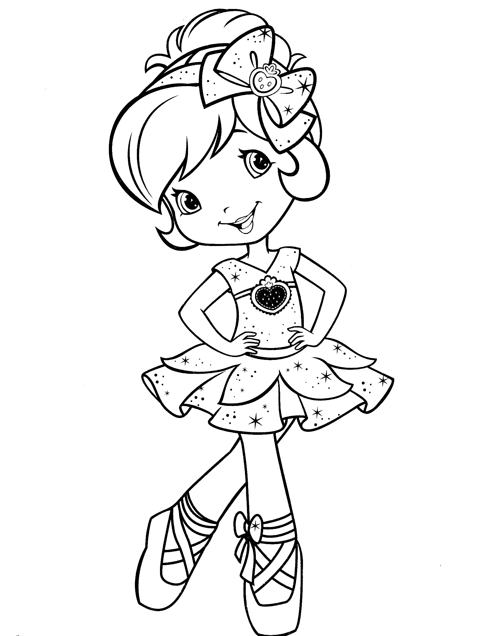 Раскраска Шарлотта Земляничка в платье с большим бантом и туфлях с ленточками