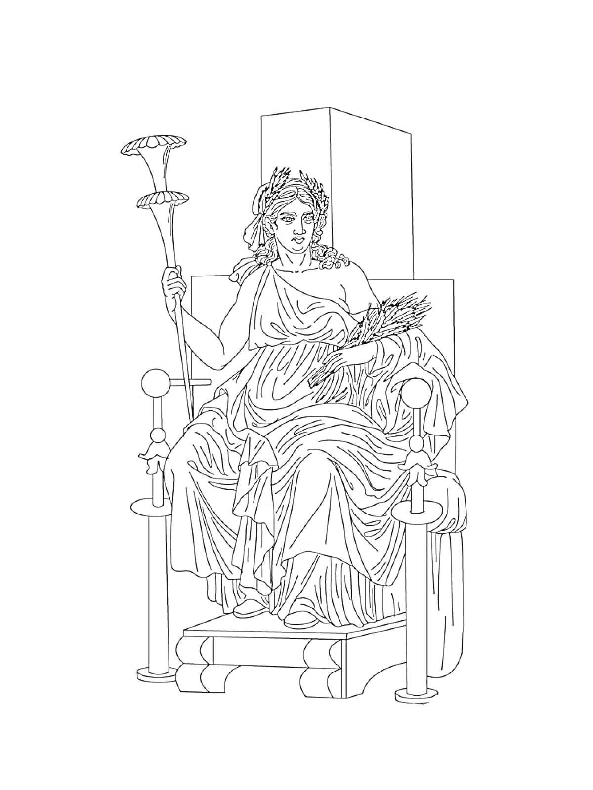 На раскраске изображено: Древняя Греция, Богиня, Трон, Жезл, Античность, Мифология, Колос