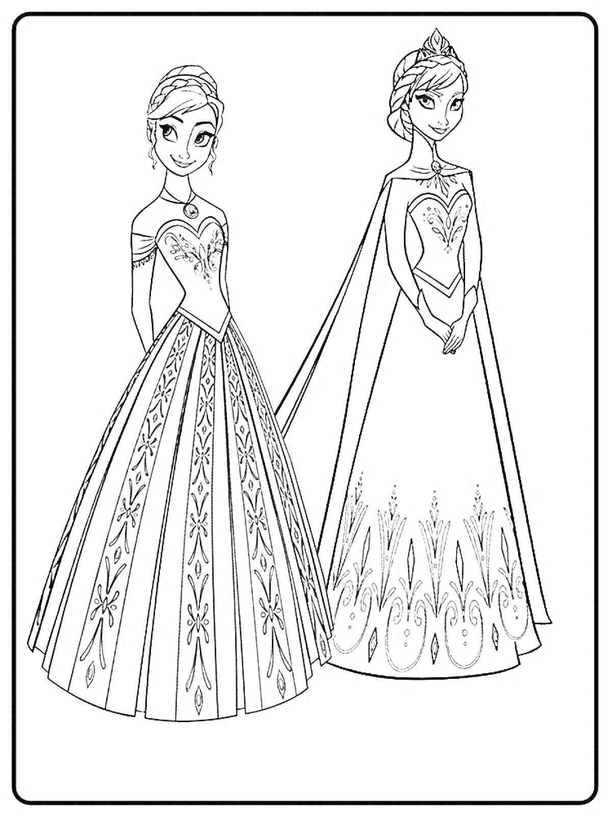 Раскраска Две принцессы в роскошных платьях