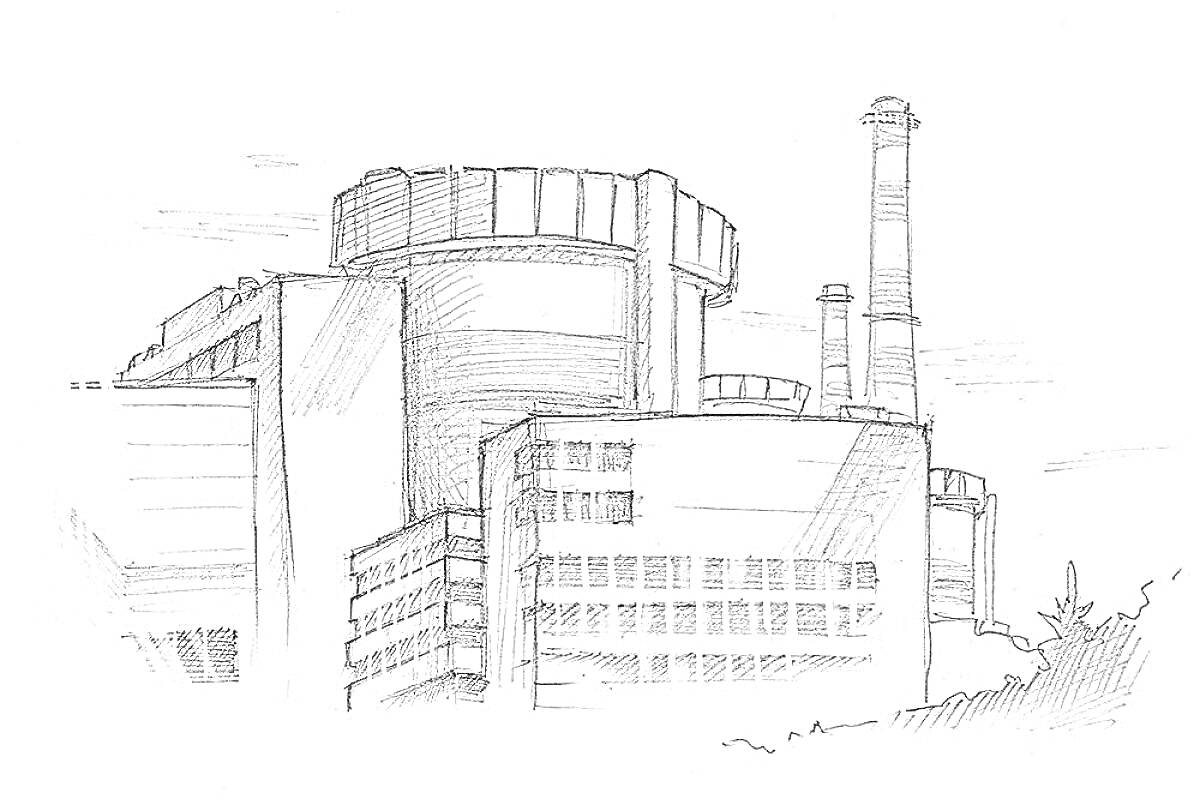 Раскраска Чернобыльская атомная электростанция с реактором и дымовыми трубами