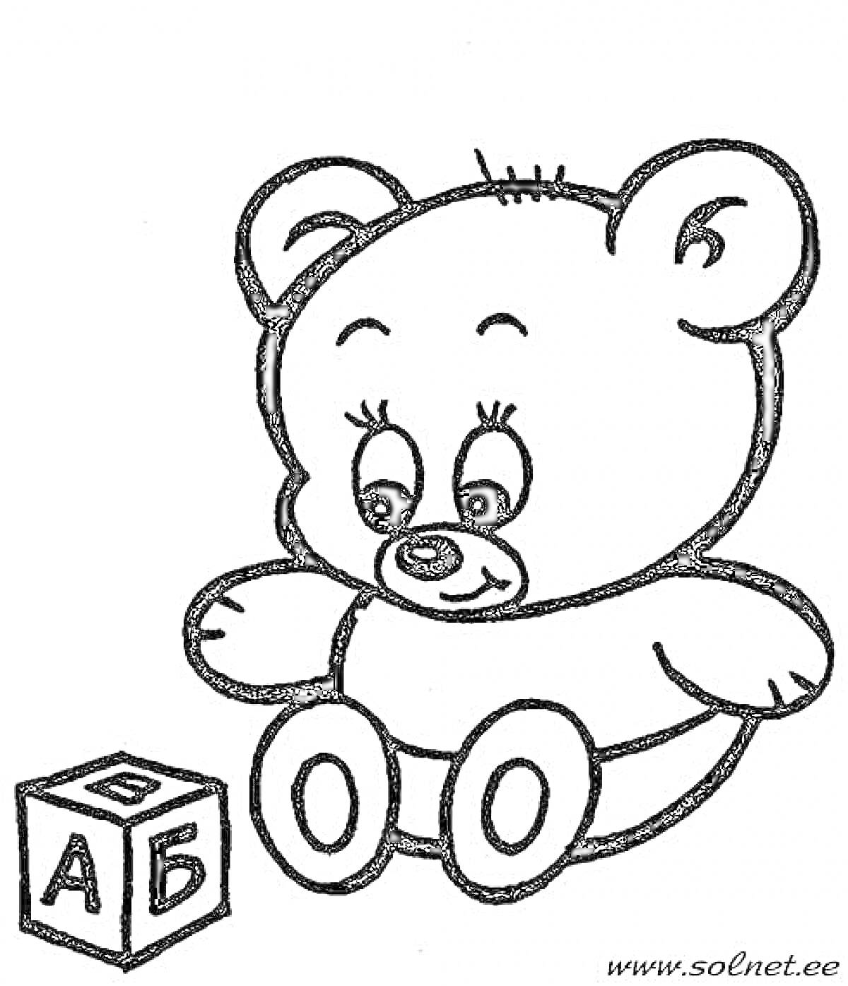 На раскраске изображено: Буквы, Для малышей, Игрушки, Кубики, Медведь, Милые, Сидеть