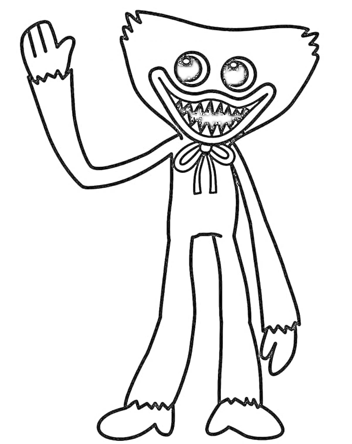 Персонаж из Poppy Playtime с кукольным телом и острыми зубами, поднимающий руку