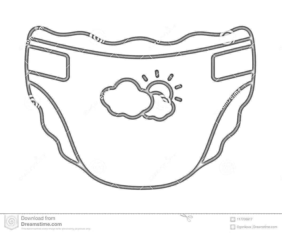 Раскраска подгузник с изображением солнца и облака