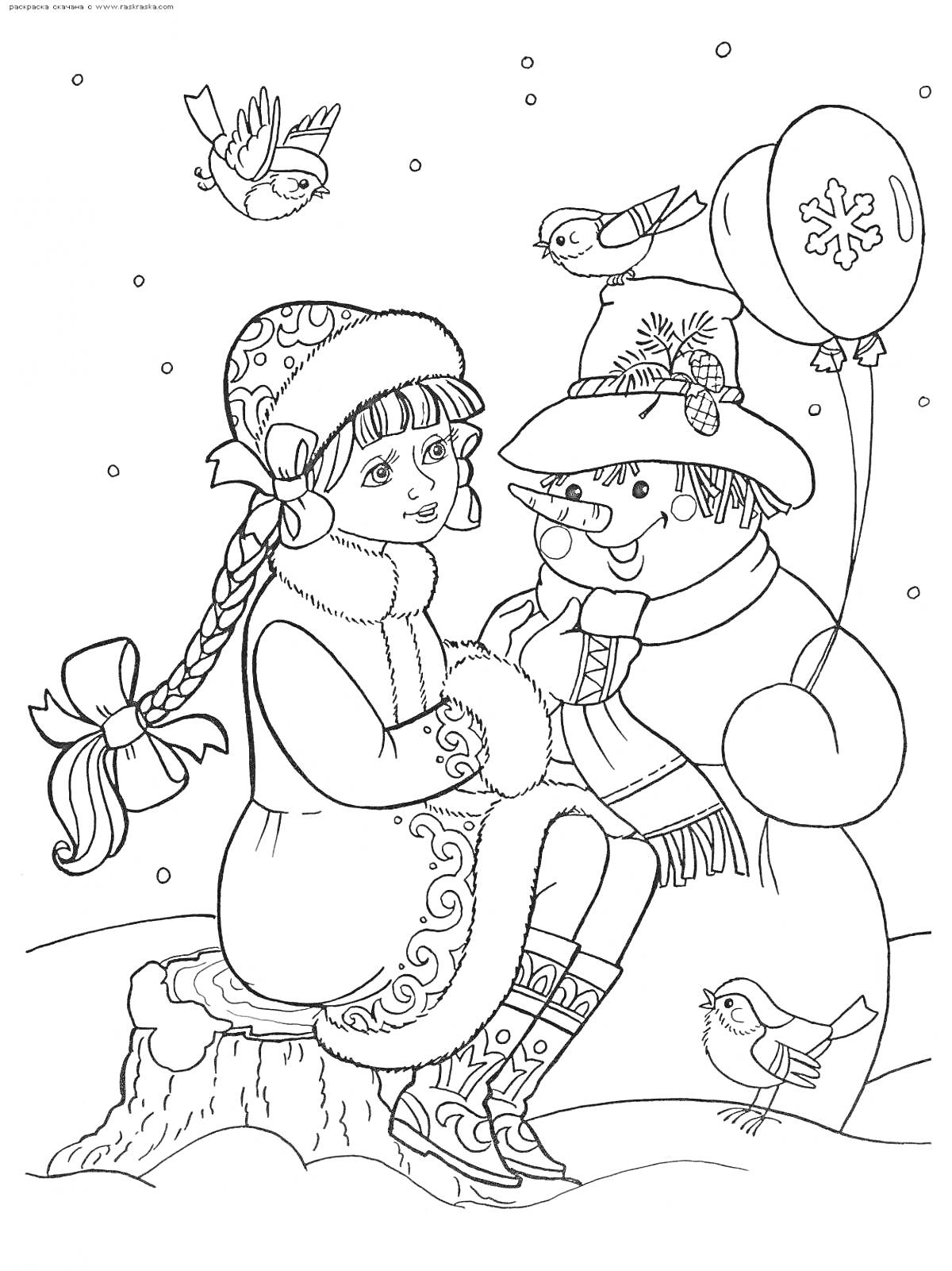 На раскраске изображено: Девочка, Зима, Снег, Зимняя сказка