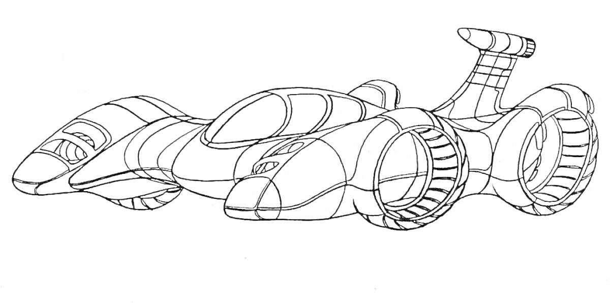 Раскраска Летающая машина с большими колесами и аэродинамическим дизайном
