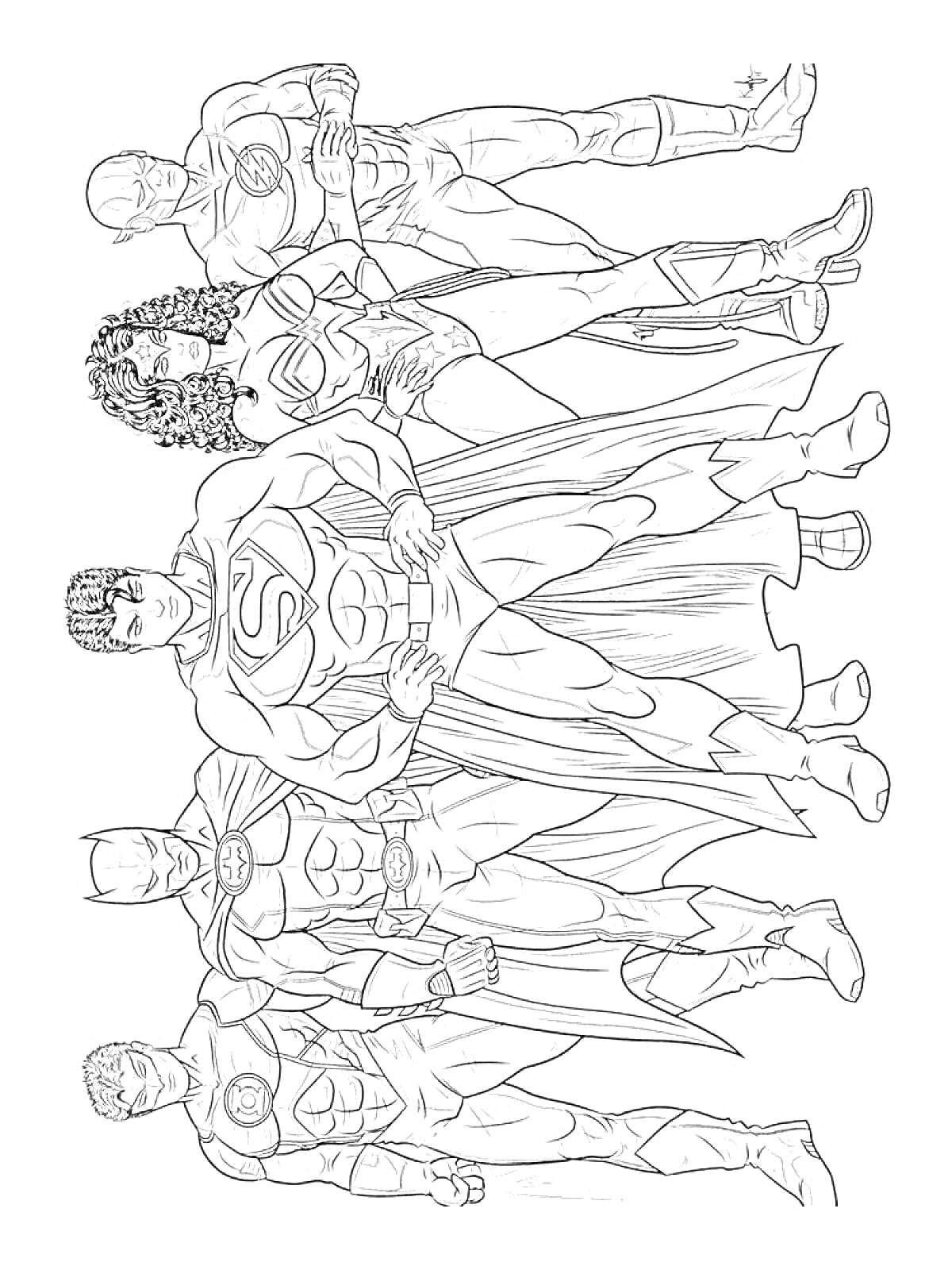 Раскраска Группа супергероев в стоячем положении, один с плащом, остальные четверо без плаща, в костюмах с логотипами на груди, женский персонаж с развевающимися волосами и короткой юбкой