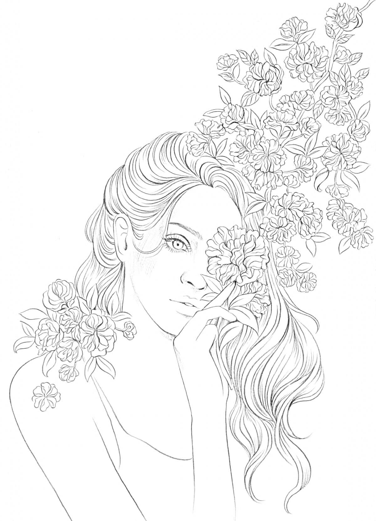 Раскраска Девушка с цветами в волосах и перед лицом