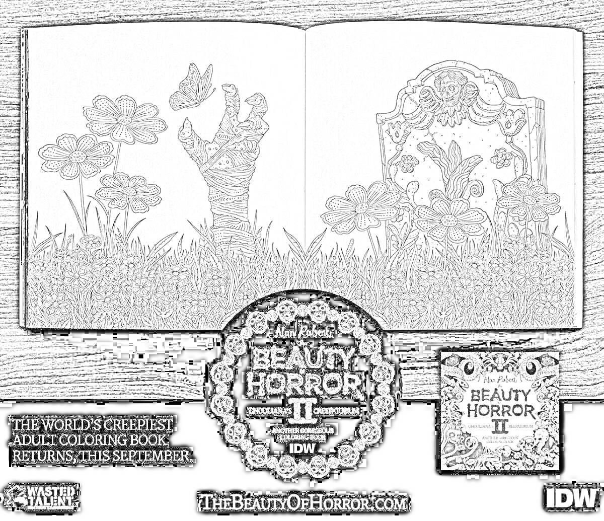 Раскраска Красивый сад с элементами ужаса: рука, бабочки, цветы, надгробие.