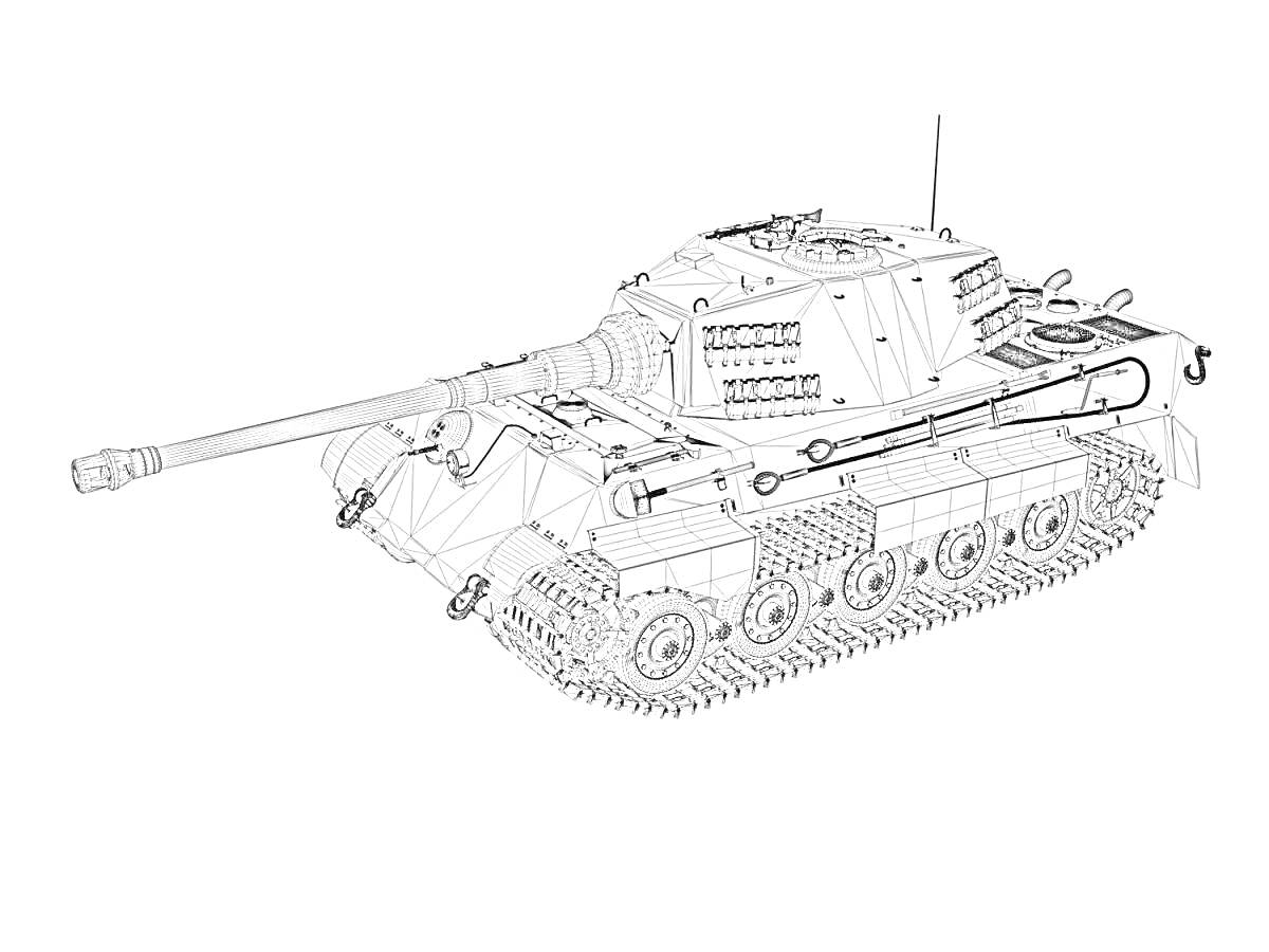 Раскраска Танк Тигр 2, вид сбоку, длинный ствол, гусеницы, башня с люками, радиоантенна