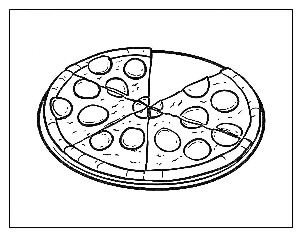 Раскраска Пицца пепперони на тарелке с кусками салями и корочкой