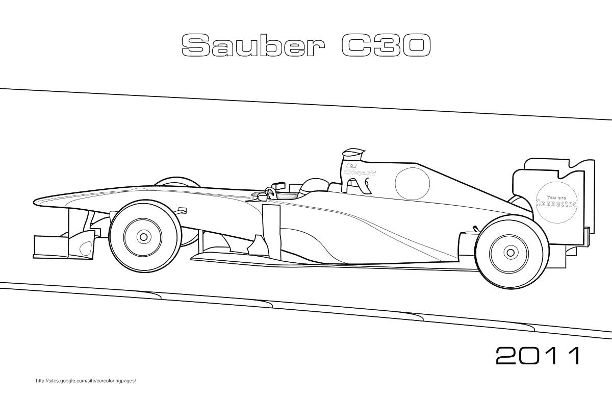 Раскраска Гоночная машина Sauber C30 на трассе, надписи 